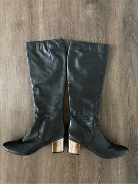 Anthropologie Pied Juste Black Leather Knee High Boots Copper Metallic Heel 10